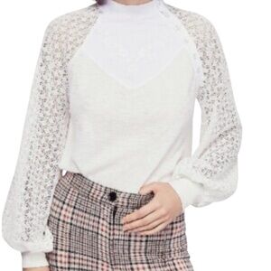 Free People White sweetest thing Lace balloon Sleeve Blouse embroidered sz small